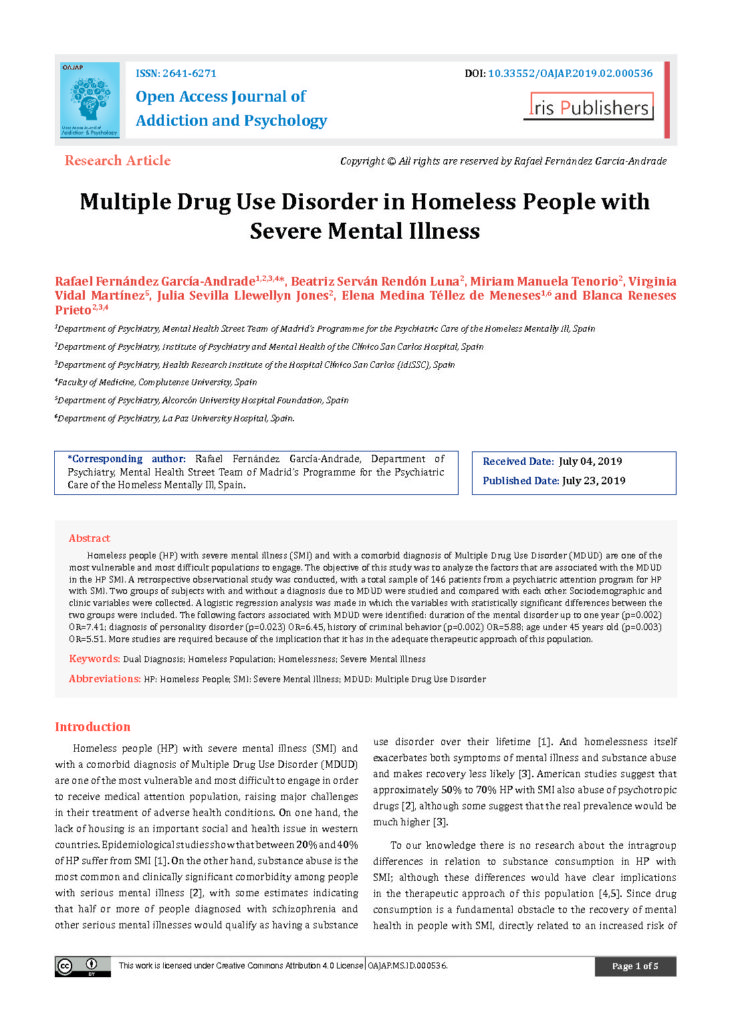 Multiple Drug Use Disorder in Homeless People with Severe Mental